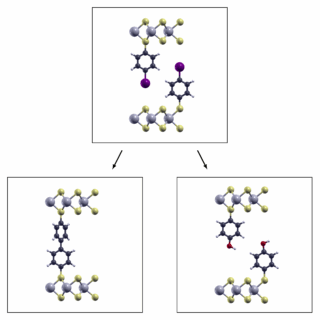Potential reaction pathways. The image above in the middle shows the initial structure of MoS₂ functionalised with iodophenyl. Below are the two possible resulting structures of the laser-induced reaction. Left picture: Two MoS₂ layers linked via biphenyl. Right picture: MoS₂ functionalised with phenol.